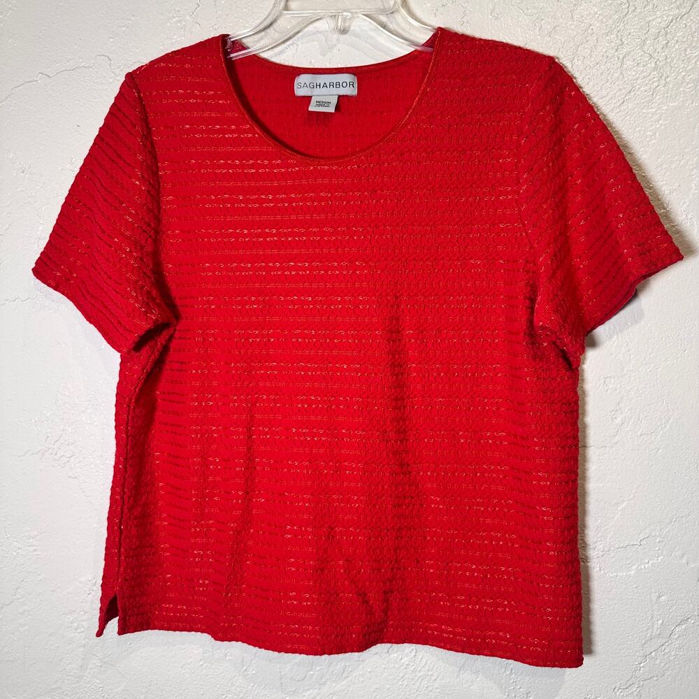 Sag Harbor Blouse Medium Red Cotton Blend Shimmer Short Sleeve Layer Holiday